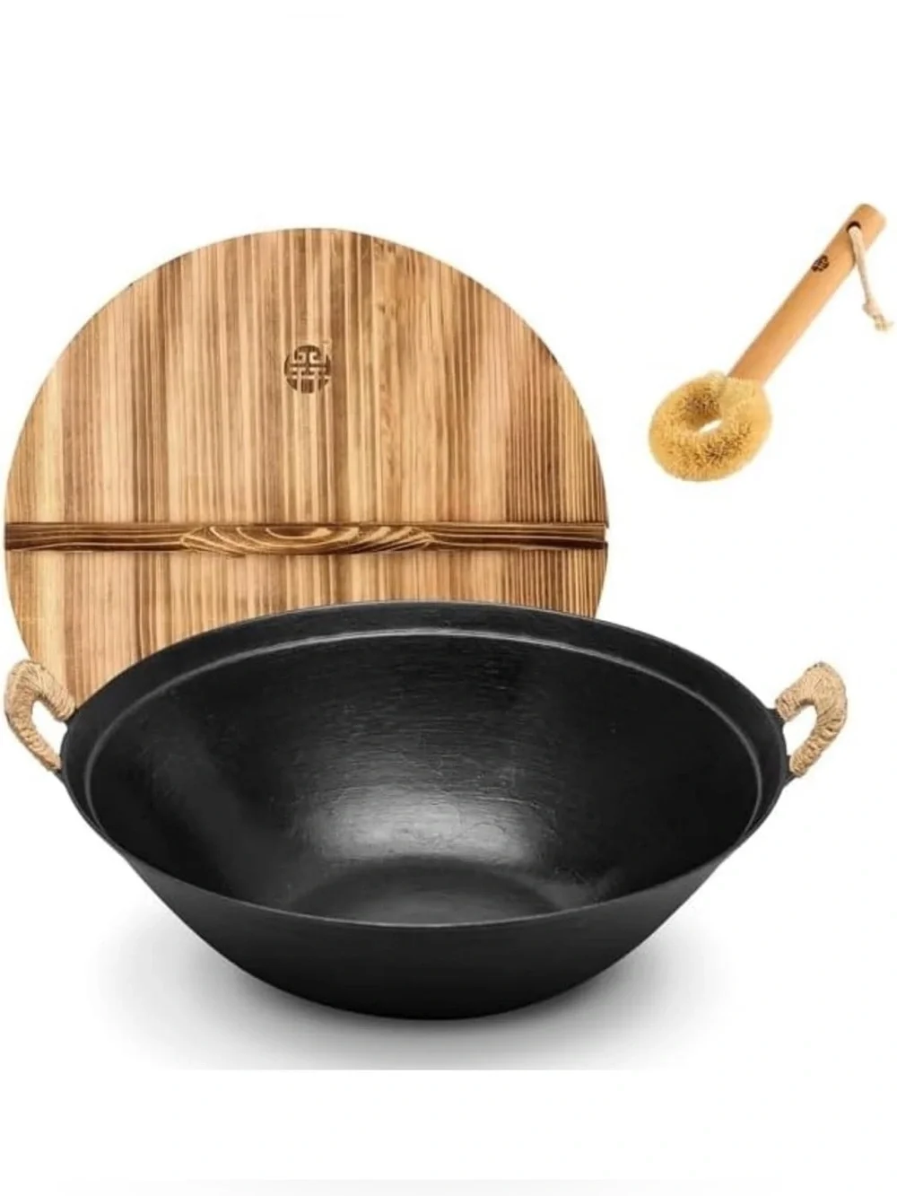 Black Carbon Steel Wok with Bamboo Lid and Cleaning Brush